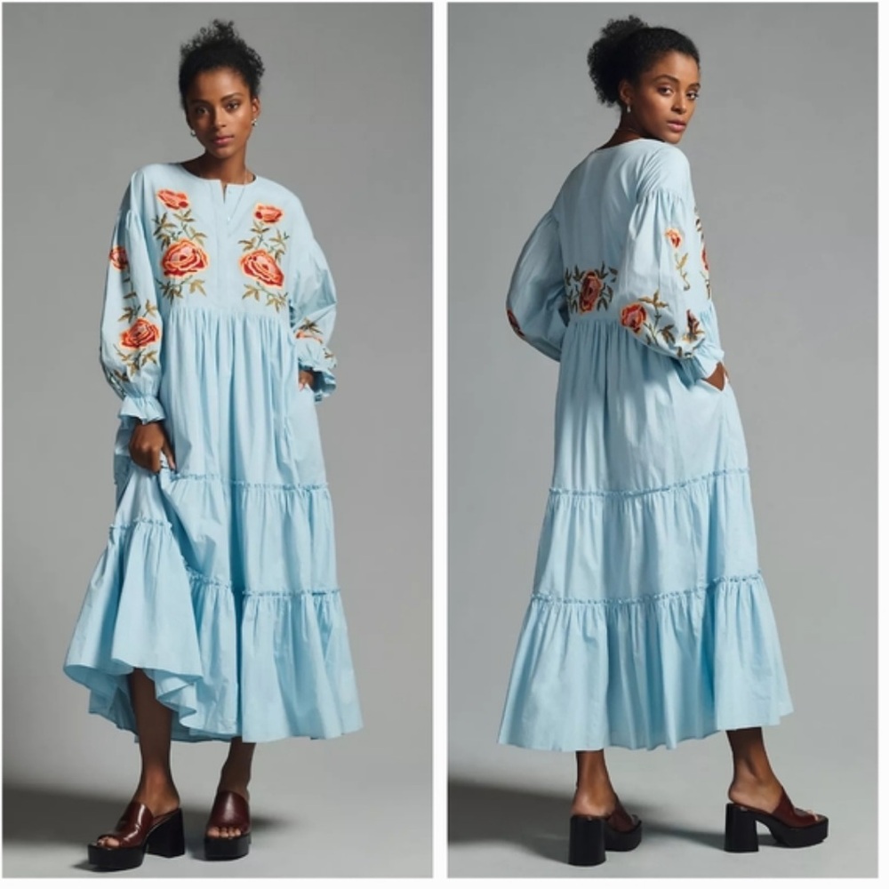 Blue Long Sleeve Tiered Sundress with Bishop Sleeves